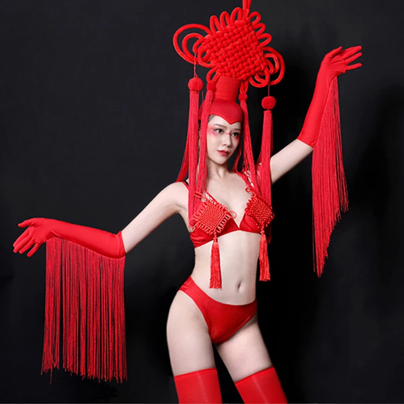 Весенний праздничный наряд Gogo Dance Ретро ведущее бикини для танцев красный костюм бар DS представление одежда ночной клуб сексуальная сценическая одежда