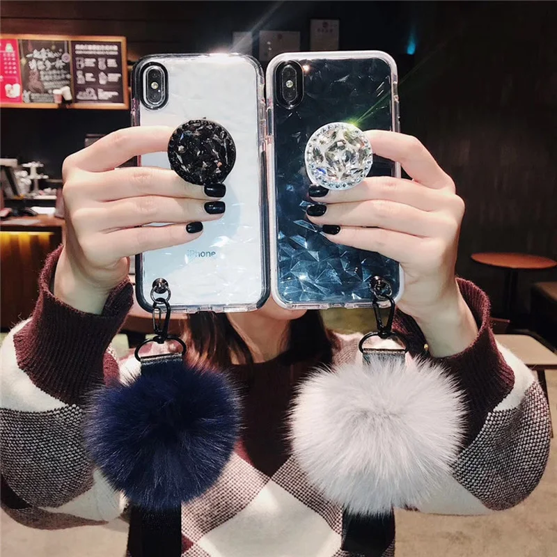 Luxury Fur Ball Kick stand holder Cover Case For iPhone 11 Pro XS Max XR X 8 7 6 6S Plus Transparent Soft Cases Glitter Shell | Мобильные