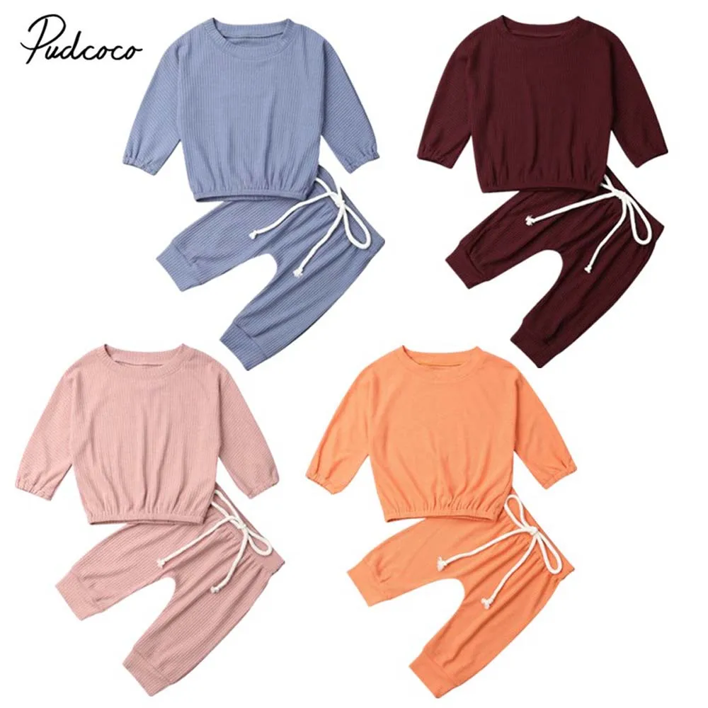 

2019 Baby Spring Autumn Clothing Infant Baby Girl Clothes Solid Color Tops T-shirt Long Pants 2Pcs Set Ribbed Tracksuit Outfit