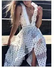  Polka Dot Print Summer Dress Women Sleeveless High Waist Knee-Length Party Dress Runway Lace Ruffles Deep V-Neck Hollow C552 