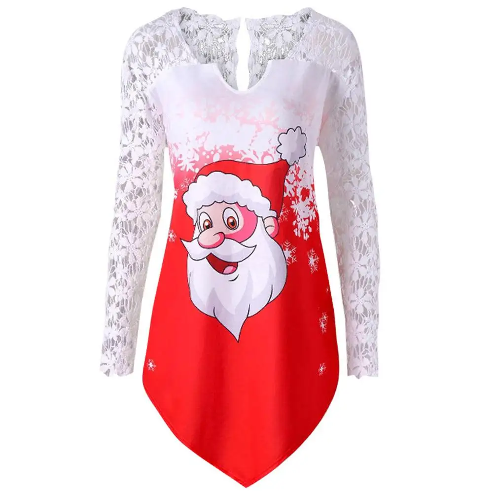 Женская футболка, модная Женская рождественская Кружевная футболка с принтом Санта-Клауса, топы, рубашка с длинным рукавом, camiseta feminina