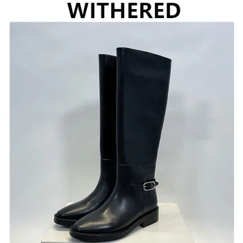 

Withered 2020 Winter High Boots Women England Style Vintage Cowhide Real Leather Fashion Knights' boots Botas Mujer Shoes Women