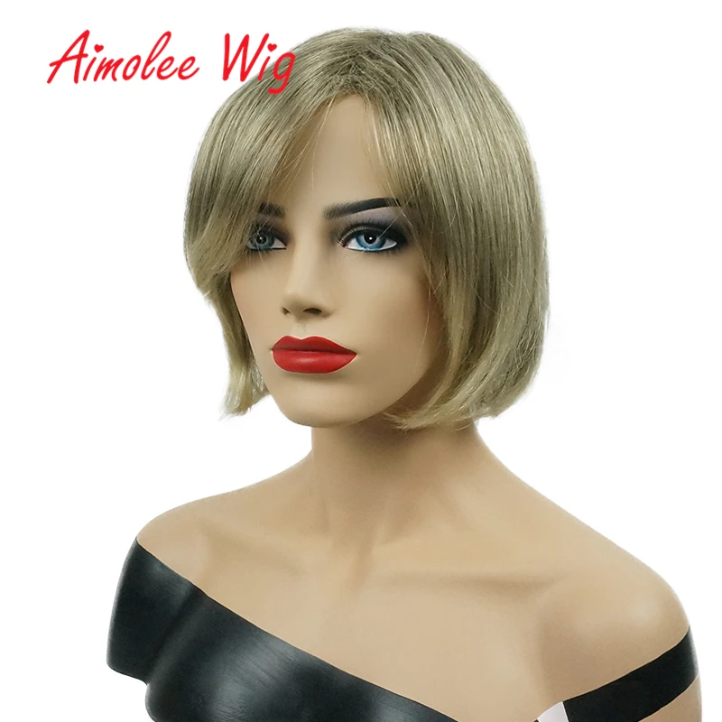 Aimolee Short Straight Ombre Brown Blonde Bob Side Swept Bangs