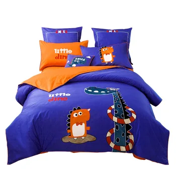

Cotton Cartoon Kids Cute BeddingSet Queen The Age of The Dinosaurs Printed Blue Orange Color Double Bed Boys Home DuvetCover Set