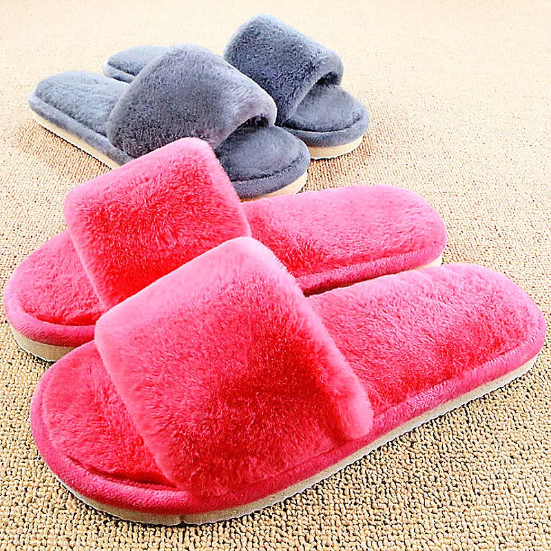 

2019 autumn and winter women's fur slippers large size home slippers warm plush fluffy female slippers one word female slippers