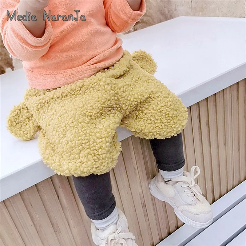 Новые зимние плотные штаны для малышей, однотонные Штаны унисекс с маленькими ушками для мальчиков и девочек
