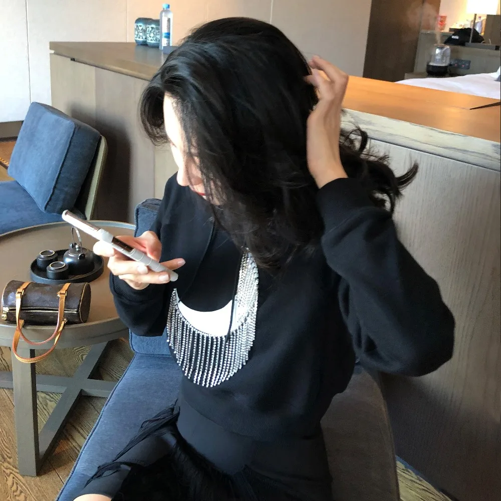 WHITNEY WANG весна осень модная уличная одежда дизайнерский стиль луна напечатаны бриллиантами фуфайка с кисточками женские толстовки пуловер