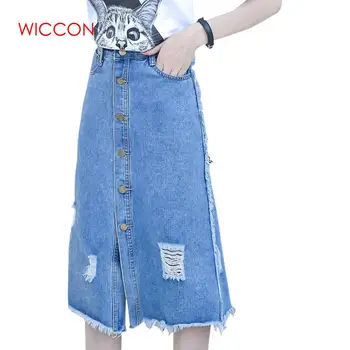 

Autumn High Waist A Line Bag Skirt Casual Vintage Hole Denim Skirt Female Preppy Style Mid Calf Solid Jeans Faldas Mujer Moda