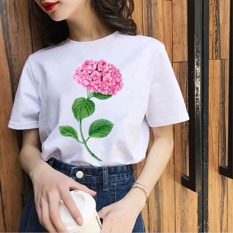 

Femme Summer Streetwear Retro Tees Tops Ladies T-shirt for Women Flower Graphics T Shirt White Tee