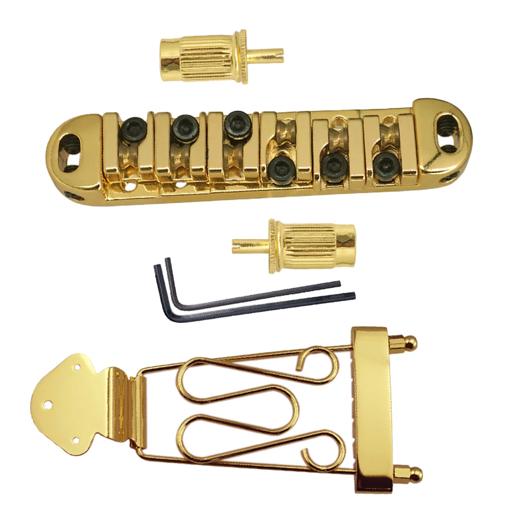 1 Pack Zinc Alloy Jazz Guitar String Tailpiece with Roller Saddle Bridge Golden/Black Saddle, Gold