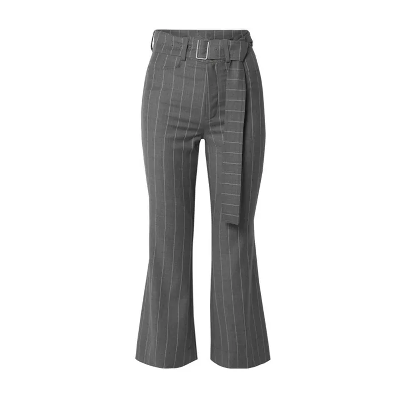 European and American fashion handsome short small suit+ high waist with belt striped nine pants Sets
