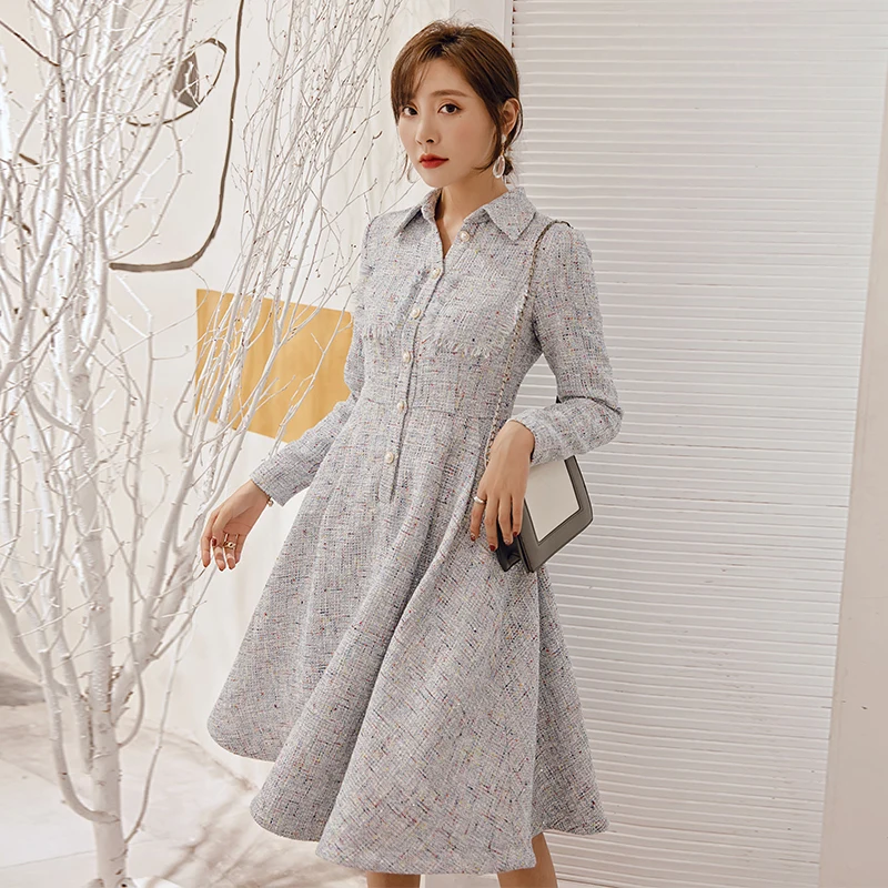 

YIGELILA Autumn New Arrivals Blue Dress Turn Down Collar With Pockets Dress A-line Long Sleeves Mid-calf Office-lady Dress 65237