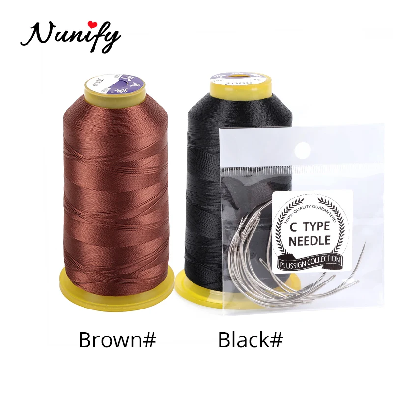 Nunify 검정 폴리에스터 실, 길이 2000m, 가발 재봉실, 머리 직조 실, 선물 1 개, 6.5cm, C 곡선 바늘