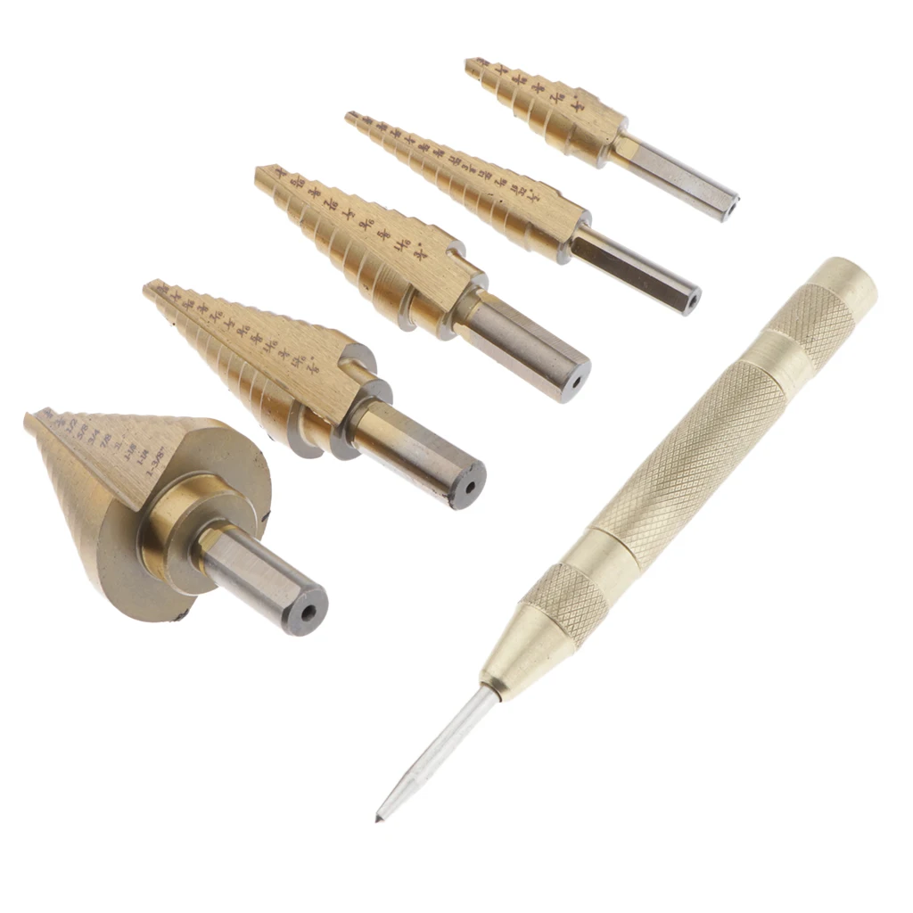 5Pcs Titanium Step Drill Bit Set, High Speed Steel, 1/8'' - 7/8'', with HSS Multiple Hole Drilling Cutting with Storage Case