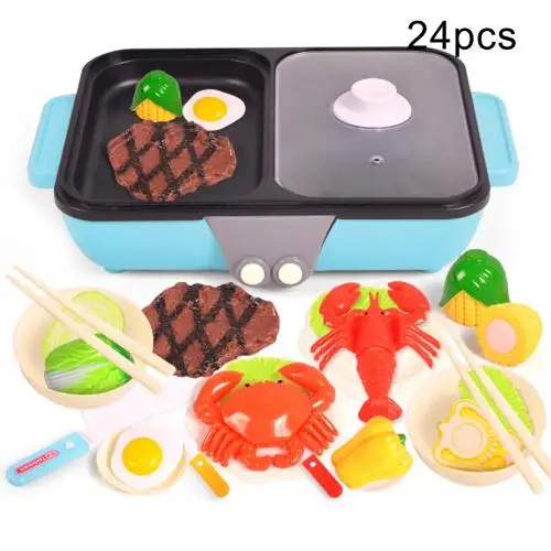 Blue 24pcs Для игрушечной кухни игровой набор горшков для горячей пищи плита палочки для еды Чаша инструмент развития игрушка поезд использование палочек для еды и познание обучения - Цвет: Blue 24pcs