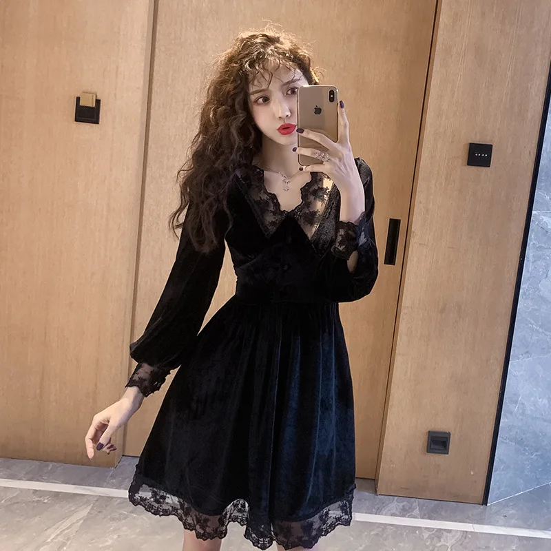 

2020 Spring Clothing New Products Debutante Elegant V-neck Lace Joint Waist Hugging Slimming A- line Gold Velvet Dress Women's