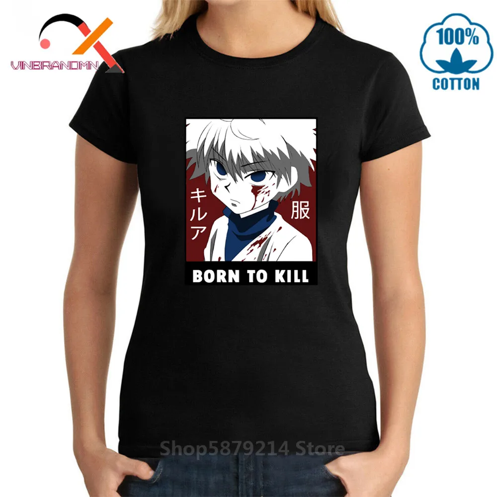 Hunter X woman T Shirts Killua Zoldyck baka Born To Kill Classic O-Neck Short Sleeves Anime Japan Cotton T-Shirts | Женская одежда