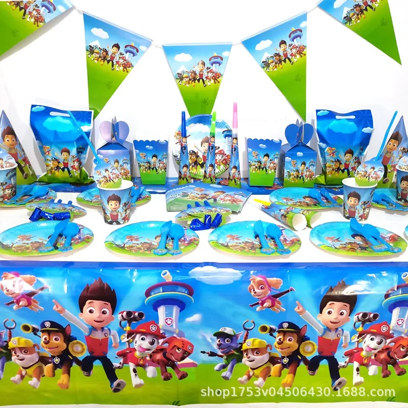 Paw Patrol-decoraciones para fiesta de cumpleaños, bolsa de regalo para niños, platos y vasos de papel, cuchillo, cuchara, vajilla desechable para Baby Shower