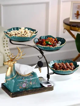 

European Multifunctional Tissue Box With Green Ceramic Fruit Nuts Plates Astray Stainless Steel Holder Remote Control Storage