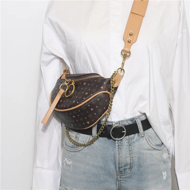 

Vintage Appliques Leather Waist Bag Women Casual Chain Handbags Solid Chest Bag Dot Female Pattern Shoulder Bag Luis Vuiton
