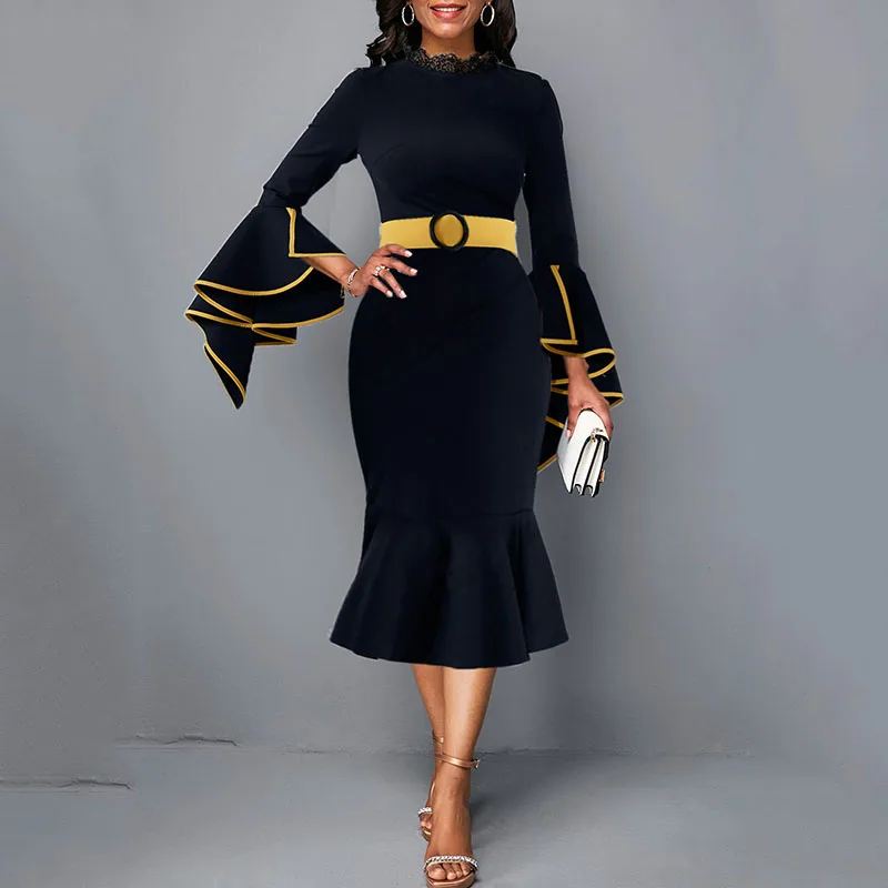 

Elegant Flare Sleeve Mermaid Dress Black Lace Patchwork Offfice Lady Work Midi Dresses Robe Fashion 2020 Cocktail Dresses
