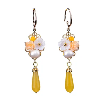 

Jade Flowers Drop Earrings Chalcedony Yellow Agate Amulet Fashion Natural Charm Jewelry Gifts for Women Her