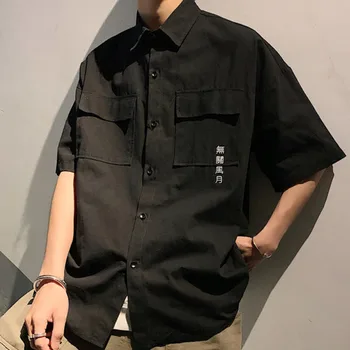 

Men's short-sleeved shirt 2020 spring and summer new solid color retro tooling print shirt youth fashion trend men's clothing
