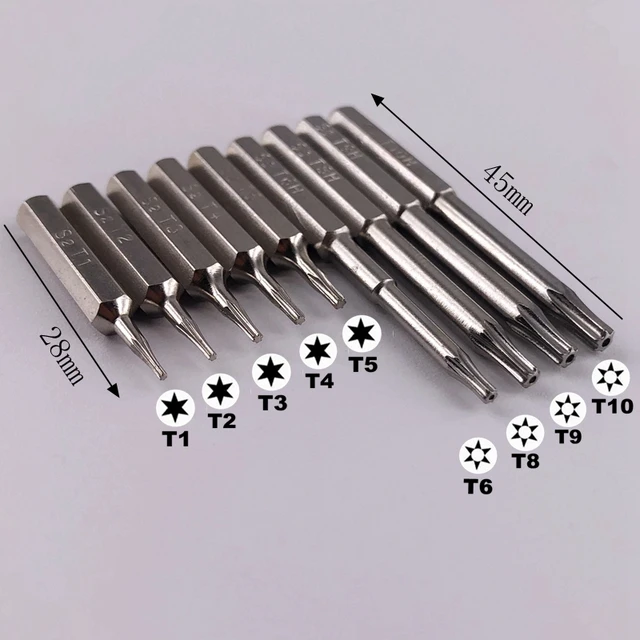 Puntas Torx T1 T2 T3 T4 T5 T6H T8H T9H T10H 28mm y 45mm, destornillador de  3/25 (4mm), brocas de reparación móvil, cabeza reparadora de flores de  ciruelo, 9 Uds. - AliExpress