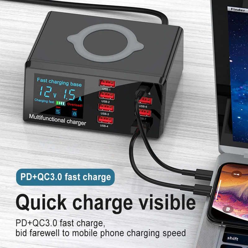 

100W 8 Ports USB Charger Quick Charge 3.0 Adapter HUB Wireless Charger Charging Station PD Fast Charger For IPhone 11 Samsung