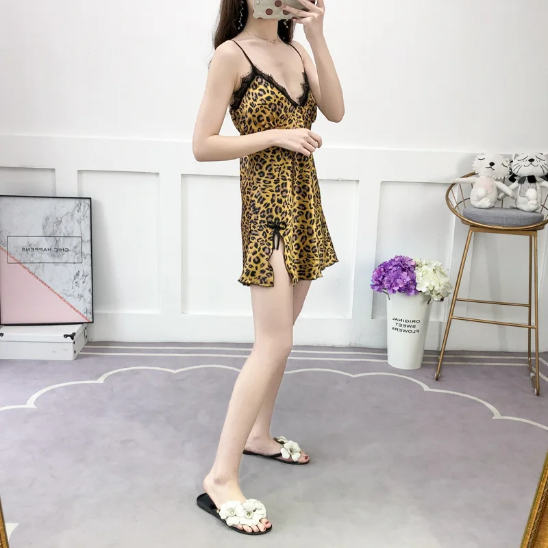 Ночная женская сексуальная пижама с леопардовым принтом, мини-платье для сна размера плюс с открытой спиной, весенние летние Ночные сорочки, ночная сорочка