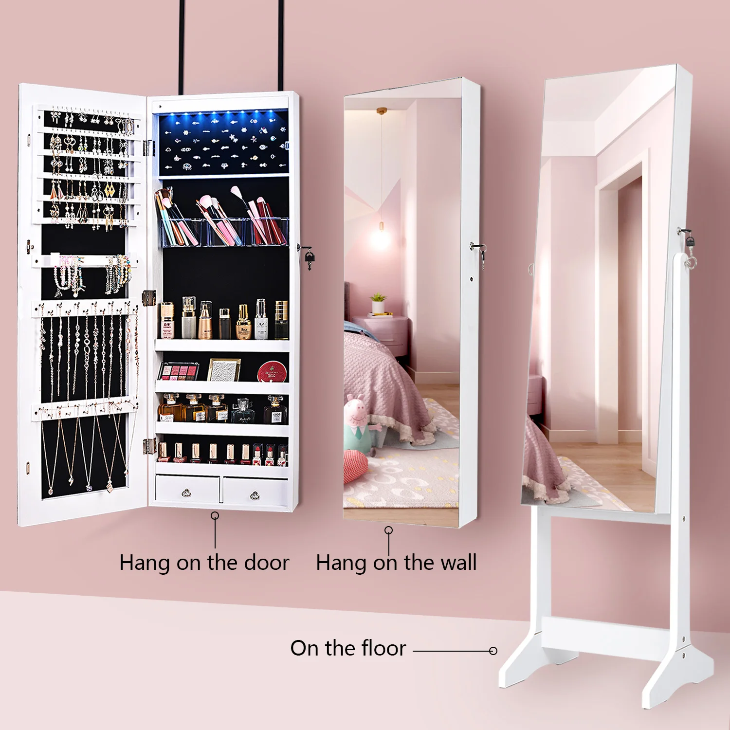 KingYee 8 LED Jewelry Organizer with Full Length Body Mirror