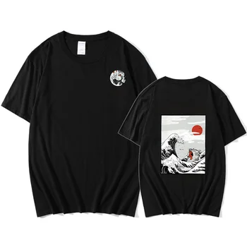 

High Quality 100% Cotton Double-sided Printing Sea Cat T-shirts Men/Women Summer Hip Hop Japanese Anime Harajuku Funny Tops