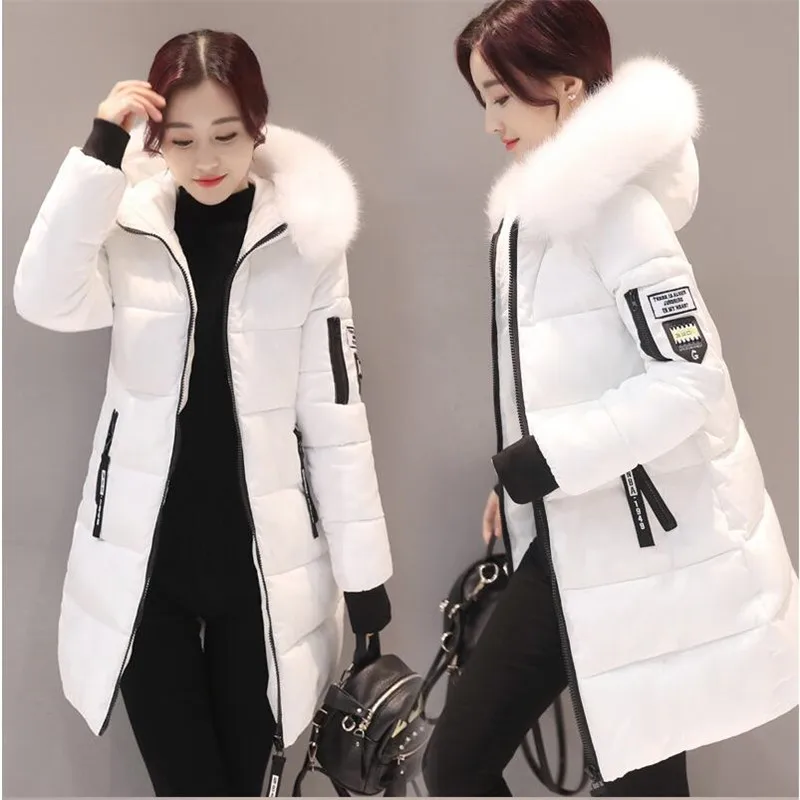 Новые женские зимние куртки, пуховое хлопковое пальто с капюшоном размера плюс, парки Mujer, длинное пальто, модные женские пальто с меховым воротником