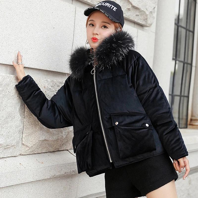 Корейский стиль, зимняя Вельветовая Женская куртка со стоячим воротником, однотонная, черная, белая, женский пуховик, свободный, негабаритный, женская короткая парка
