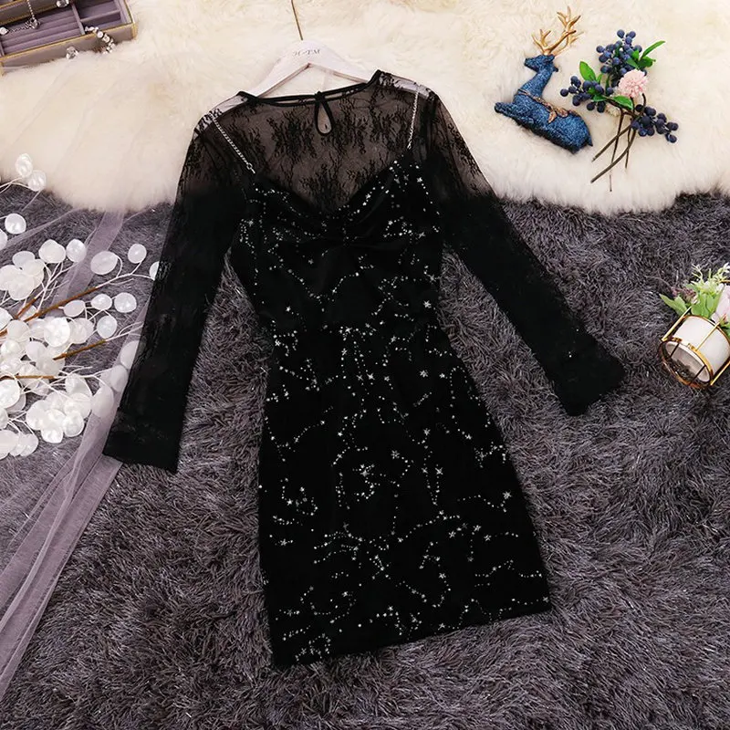 

2019 autumn winter new female O neck lace with bronzing silver stars velvet fairy hip dress women long sleeve sheath dresses