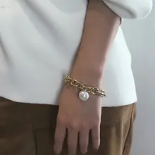 AOMU простой Толстый Браслет на цепочке имитация жемчужина, кулон, браслет на запястье для женщин металлический золотой цвет браслет ювелирные изделия