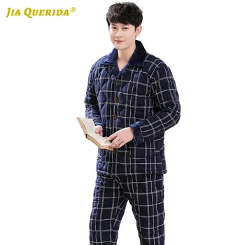 

3 Layers Padded Cotton Turn Down Collar Homesuit Homeclothes Sleepwear Casual Style Plaid Printing Long Sleeve Long Pants Pj Set