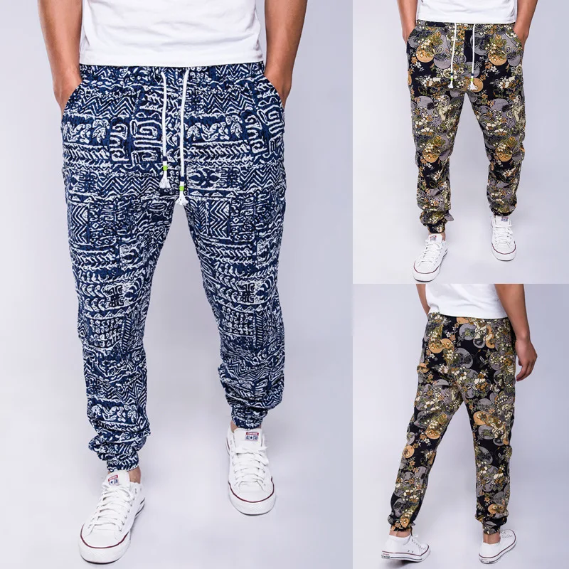 Casual Pants Male Ethnic Style Cotton and Hemp Easy Tether Men's Trousers Men Broken Flowers Pencil |