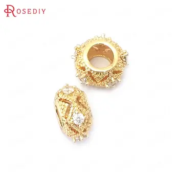 

(39102)6PCS 11MM 24K Gold Color Brass with Zircon Round Spacer Beads Bracelets Beads Jewelry Making Supplies Diy Accessories
