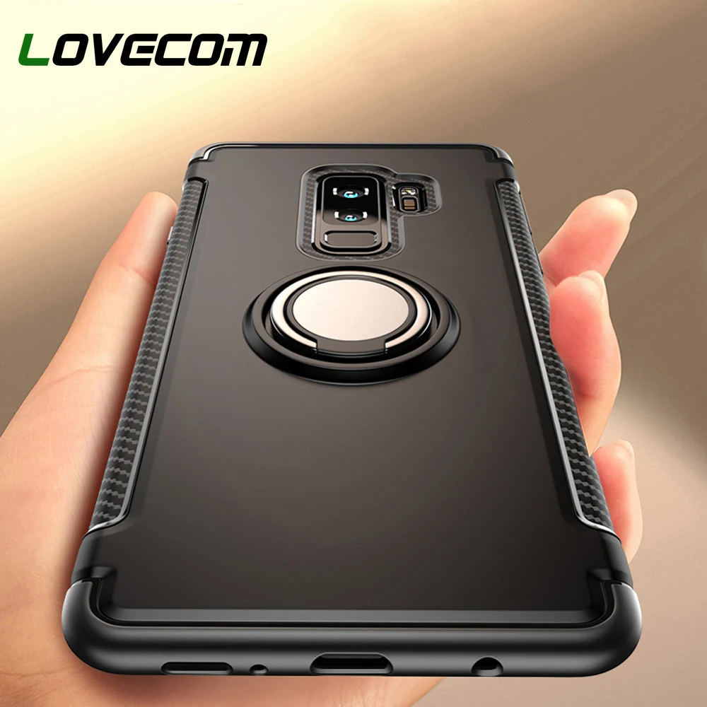 

LOVECOM Anti-Knock Armor Phone Case For Samsung A50 S10 S9 Plus Note 9 10 Magnetic Car Ring Holder Bumper Soft Phone Back Cover