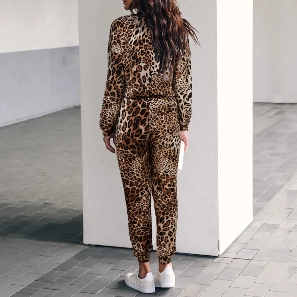 Женский леопардовый принт, спортивный костюм, пуловер, круглый вырез, топы и повседневные штаны-шаровары с принтом животных, Женская осенне-зимняя одежда для отдыха, D25