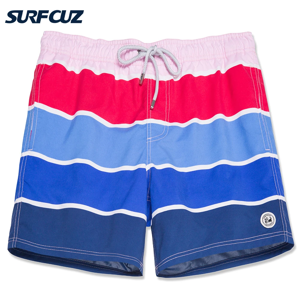 

SURFCUZ New Mens Beach Board Shorts Quick Dry Striped Swim Trunks Beachwear for Men Summer Swimsuit Surfing Shorts with Pockets