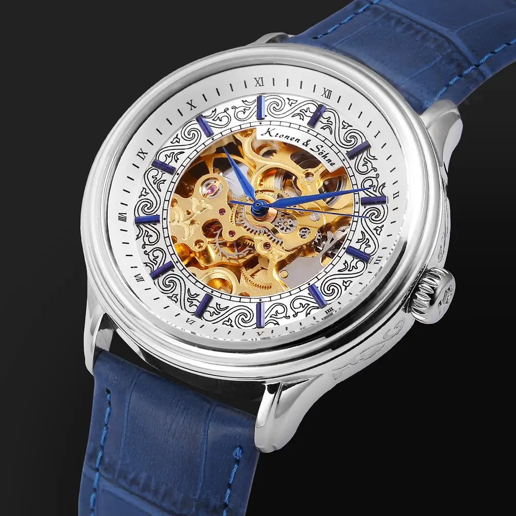 Blue Silver KS387 KS Royal мужские часы Топ бренд класса люкс полые Horloge само ветер часы синий кожаный ремешок платье наручные механические часы/KS387 - Цвет: Blue Silver KS387