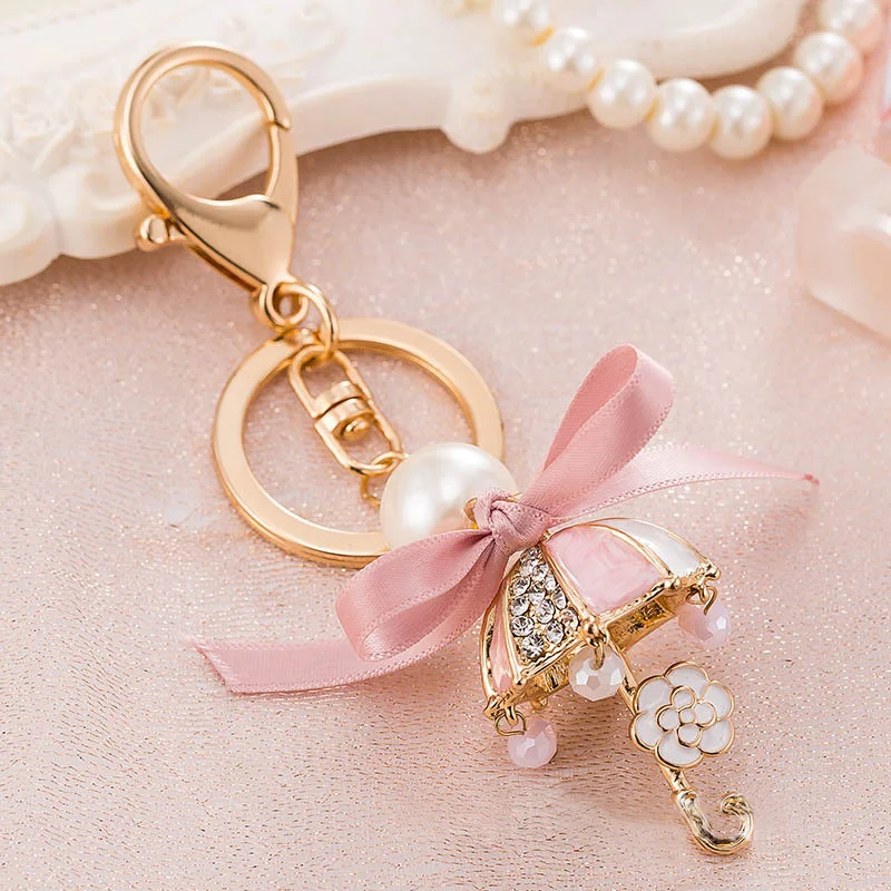 Pink Enamel Rhinestone Umbrella Key Chain Female Bag Ribbon Small Ornament  Pearls Flower Pendant Car Accessories Charm Keyring - AliExpress