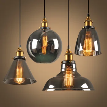 

Antique Brass Brushed Smoke Gray Industrial Glass Pendant Lights Edison Retro Light Fixture Ceiling Lamp Dining Light