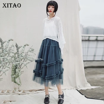 

XITAO 2020 Summer New Lace Stitching Mesh Skirts Womens Fashion Loose Elastic Waist Gauze Skirt Trend Wild Streetwear DMY4426