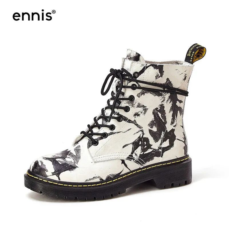 Beige ENNIS/Брендовые женские Ботинки martin; винтажные ботильоны на шнуровке; ботинки на платформе из натуральной кожи с принтом; Дизайнерская обувь на плоской подошве; A9180 - Цвет: Beige