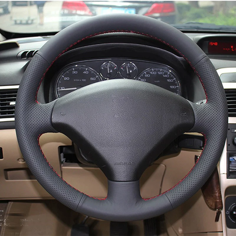 

Free Shipping High Quality cowhide Top Layer Leather handmade Sewing Steering wheel covers protect For Peugeot 307