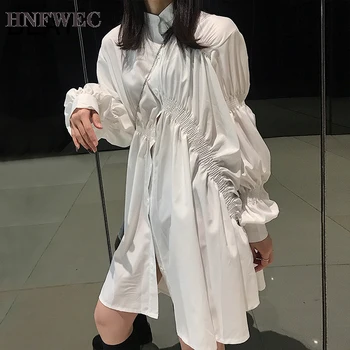 

2019 New Autumn And Winter Turn-down Collar Lantern Sleeves Pleated Single Breasted Shirt Blouse Cotton L875