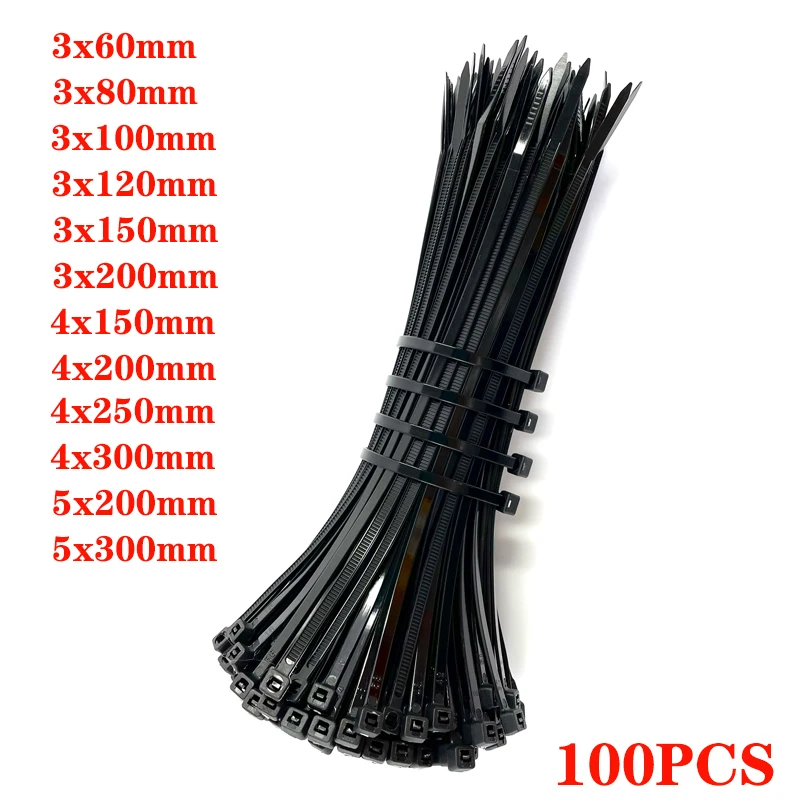 Brida de nailon de plástico de autosujeción, banda de tejido fibroso de color negro y blanca, de 5x300 y 3x200, brida para cables, con cremallera, conjunto de cables de nailon para atar embalaje, 100 uds